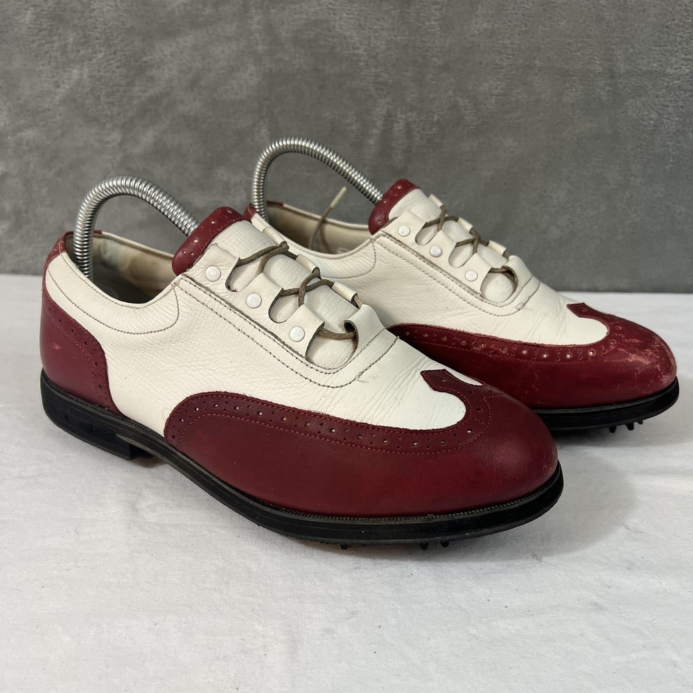 FootJoy‎ Europa Golf Shoes Mens 7.5 W White Red Leather Saddle Spikes 99291